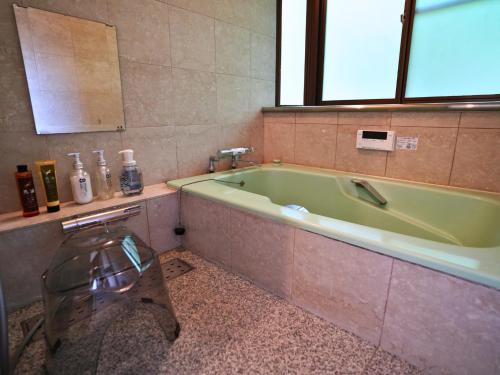 La salle de bains est pourvue d'une baignoire verte et d'un lavabo. dans l'établissement GUEST HOUSE Ichinoyado - Vacation STAY 39544v, à Tajimi