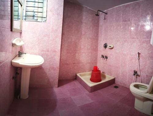 Baño rosa con lavabo y aseo en Castle Bay Touch Cox's Bazar en Cox's Bazar