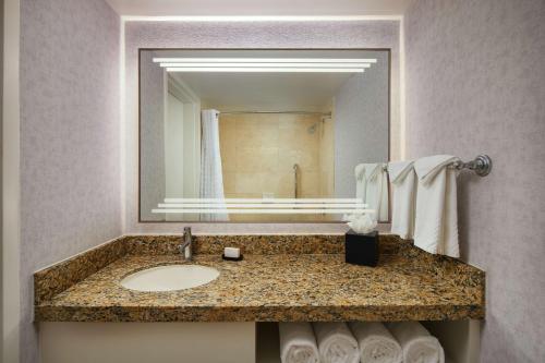 a bathroom with a sink and a mirror at Embassy Suites by Hilton West Palm Beach Central in West Palm Beach