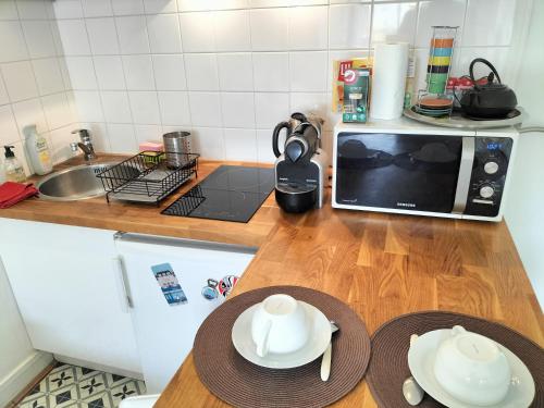 d'un comptoir de cuisine avec un four micro-ondes et des plaques de cuisson. dans l'établissement Cozy Studio Bastille with balcony, à Paris