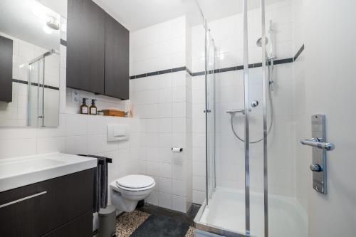 een badkamer met een douche, een toilet en een wastafel bij SCHWARZLINS LoftRaum - Stilvolles Apartment mit Smart TV, NETFLIX, Disney Plus, schnellem WLAN, Parken, Nespresso in Sankt Ingbert