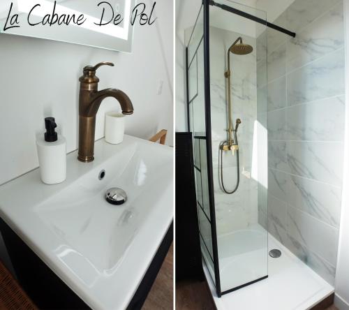 W łazience znajduje się umywalka i prysznic. w obiekcie La Cabane De Pol w mieście Dunkierka