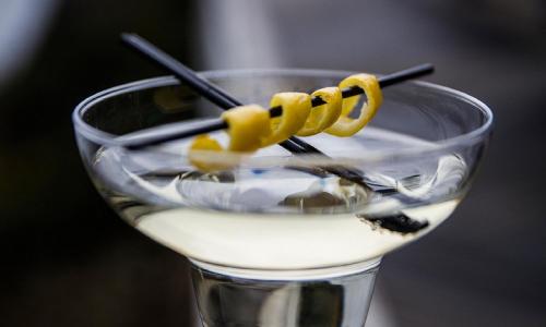 a martini glass with some yellow noodles in it at Portavadie Loch Fyne Scotland in Portavadie
