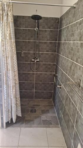 a bathroom with a shower with a tiled floor at La Kay Catta in Saint-Pierre