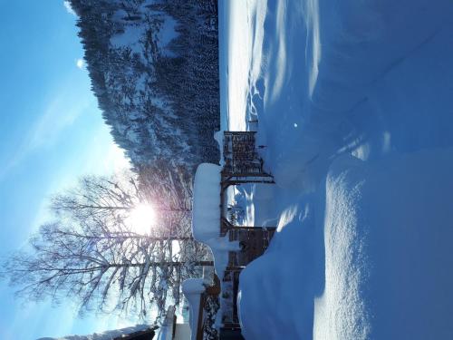 a street covered in snow with the sun in the background at Ferienwohnung Achselkopf in Musau