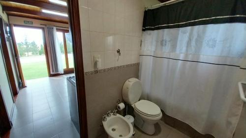 ein Bad mit einem WC, einem Waschbecken und einer Dusche in der Unterkunft Cabañas Oyikil in El Calafate