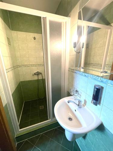 a bathroom with a sink and a shower at Penzion a restaurace U Nováků in Bítovany