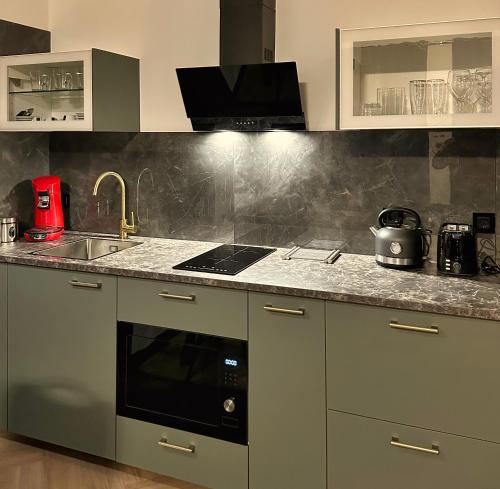 a kitchen with a stove top oven next to a sink at Luxe appartement dichtbij centrum Drachten in Drachten