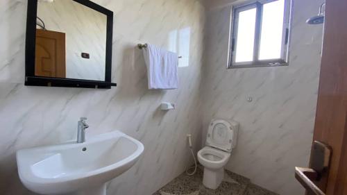 a bathroom with a sink and a toilet and a mirror at Amba Lodge Lalibela in Lalibela