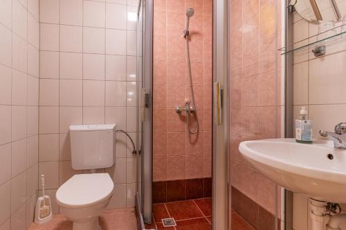 a bathroom with a toilet and a sink and a shower at Kisduna Étterem-Panzió in Dunaharaszti