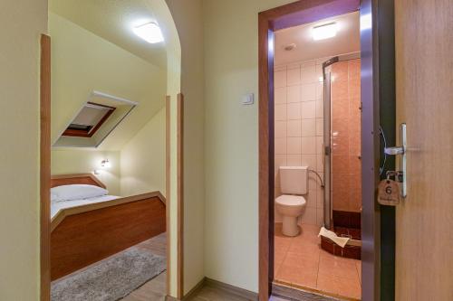uma pequena casa de banho com WC e chuveiro em Kisduna Étterem-Panzió em Dunaharaszti