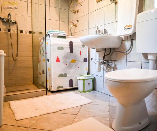 ムルコニチ・グラードにあるApartmani Jaguzovicのバスルーム(トイレ、洗面台、シャワー付)