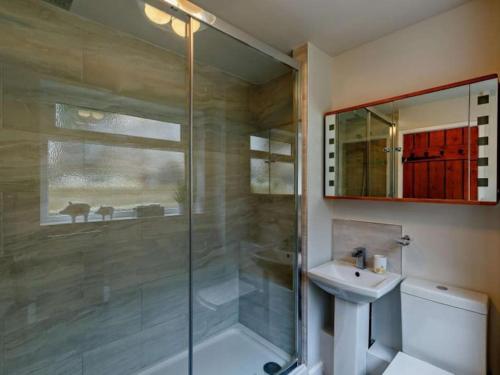 a bathroom with a shower and a sink at Beautiful 2 Bedroom Riverside Cottage in Bridgnorth