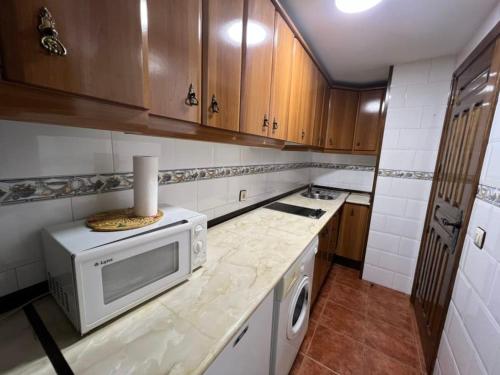 una cucina con forno a microonde bianco su un bancone di Apartamentos Turísticos La Posada a Oropesa