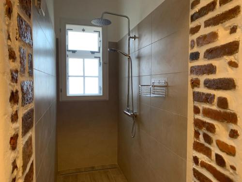 a bathroom with a walk in shower next to a window at Apartment on the ground floor in Gutenzell-Hürbel