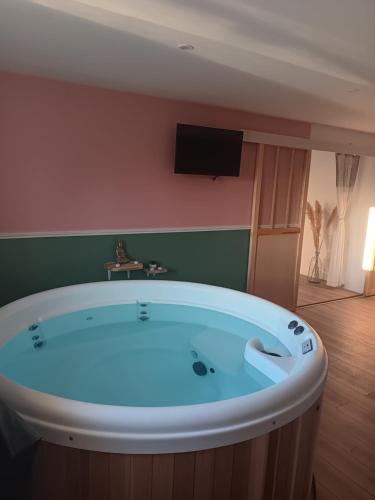 Habitación con bañera y TV de pantalla plana. en Gîte et SPA Au Secret Du Bonheur, en Pouilly-sur-Serre