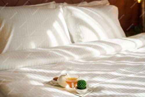 una cama blanca con una taza de té y un cactus en ella en Citrea Santander, en Santander