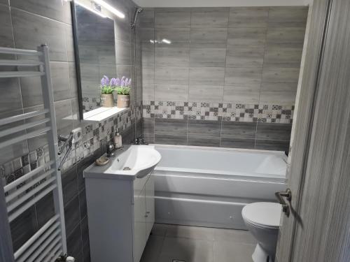 een badkamer met een bad, een wastafel en een toilet bij Luxury Apartment Mall V in Bacău