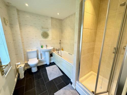 y baño con ducha, aseo y lavamanos. en Elvetham Nest Guesthouse, Basingstoke, en Basingstoke