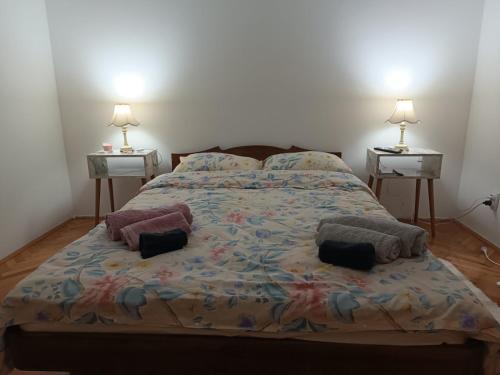 ein Schlafzimmer mit einem Bett mit zwei Nachttischen in der Unterkunft Apartman 019 in Zaječar