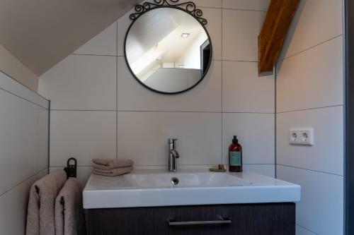 bagno con lavandino e specchio di Boerensuite, heerlijk verblijf in het Karschop a Riel