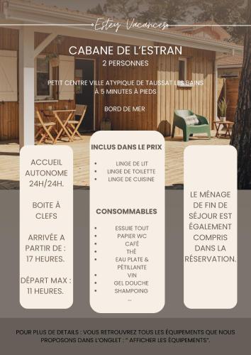 un prospectus pour un magasin de meubles avec tables et chaises dans l'établissement La Cabane de l'Estran au bord de mer, à Lanton