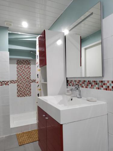 une salle de bain avec un lavabo et un miroir dans l'établissement Les Papillons, à Perpignan