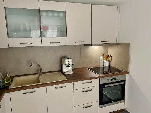 a kitchen with white cabinets and a sink at Ubytovanie Stratený budzogáň in Kľače
