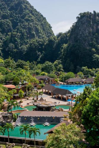 an aerial view of a resort with mountains in the background at Ipoh Tambun Sunway Onsen Suite 3R2B Maya in Tambun