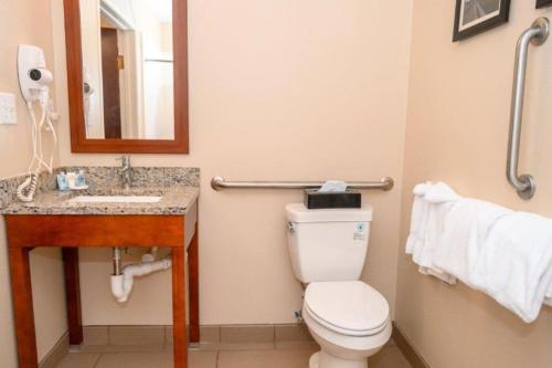a bathroom with a toilet and a sink and a mirror at Comfort Inn & Suites Patriots Point in Charleston