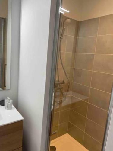 une douche avec une porte vitrée dans une salle de bain dans l'établissement Le Blue Moon - 50m centre historique - parking privatif, à Sarlat-la-Canéda