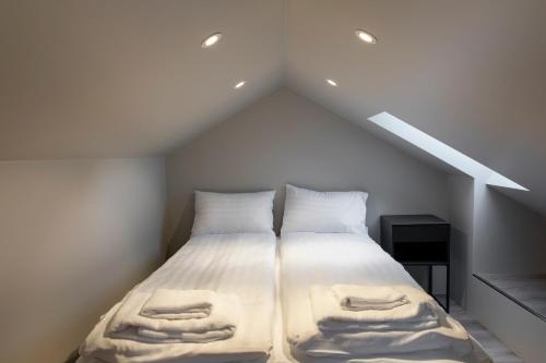 a bedroom with a bed in a attic at Ray of Sunshine Hafnargata in Keflavík