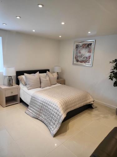 Beautiful One Bed Studio Flat في بريدجواتر: غرفة نوم بسرير كبير مع مواقف ليلتين