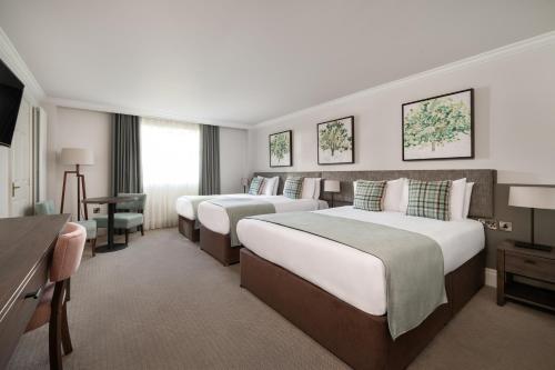 a hotel room with two beds and a desk at Ivanhoe Inn and Hotel in Belfast