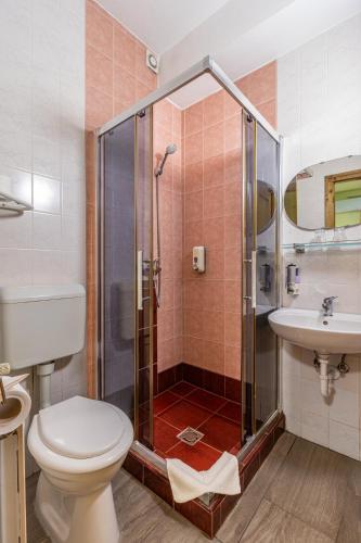 a bathroom with a shower and a toilet and a sink at Kisduna Étterem-Panzió in Dunaharaszti