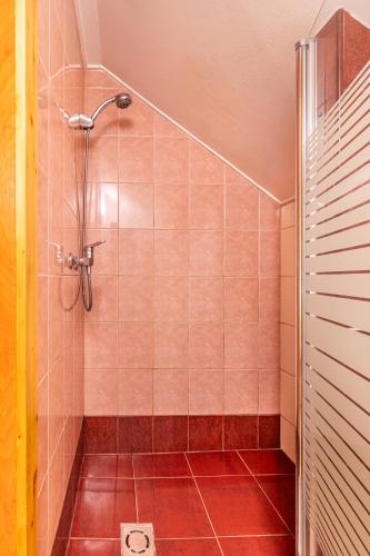a bathroom with a shower with pink tile at Kisduna Étterem-Panzió in Dunaharaszti