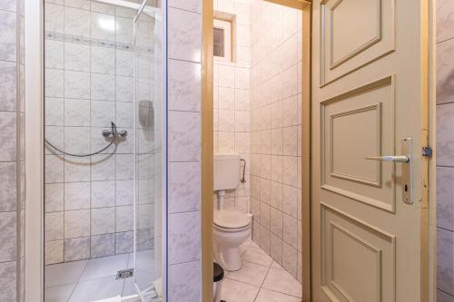 a bathroom with a toilet and a shower with a door at Kisduna Étterem-Panzió in Dunaharaszti