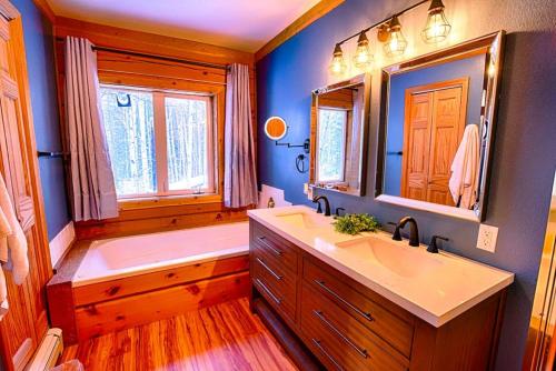 a bathroom with a tub and a sink and a mirror at Corporate Cabin Aurora Refuge in Fairbanks