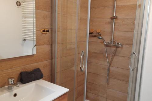 uma casa de banho com um chuveiro e um lavatório. em Apartament, ogródek, przy Rynku! em Zielona Góra
