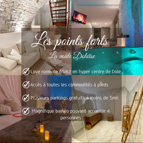 a collage of photos of a living room at La voute Doloise - Love room & spa in Dole