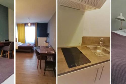 two pictures of a kitchen and a living room at OLOO Habitat - Le19 - Parking Privé in Montbéliard