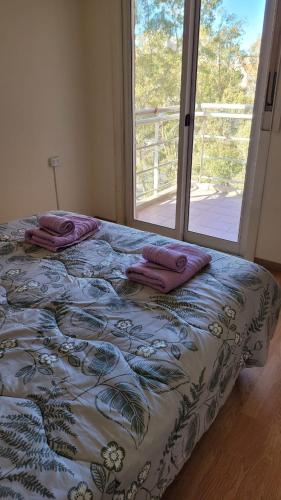 1 cama con almohadas en una habitación con ventana en Neuquén Center Apartamentos en Neuquén