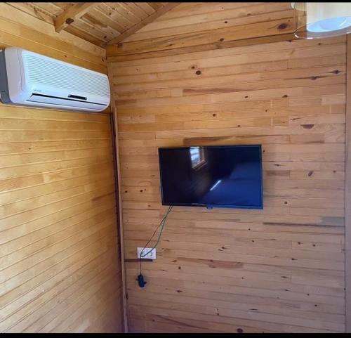 un televisor en una pared en una casa pequeña en Assos Green Bungalow, en Ayvacık