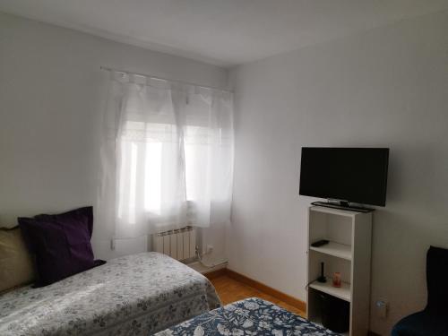 Habitación pequeña con 2 camas y TV. en Habitación luminosas en Vista Alegre en Madrid