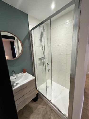 une salle de bain avec douche et lavabo dans l'établissement La Résidence République, à Dijon