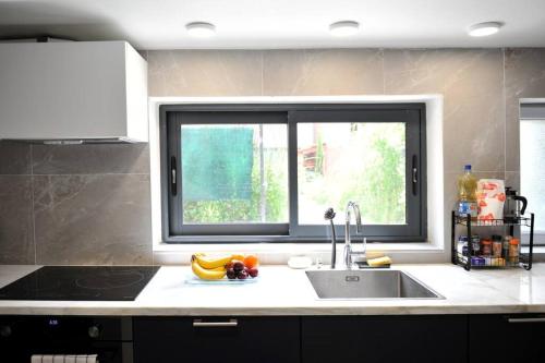 eine Küchentheke mit Spüle und Fenster in der Unterkunft Kiki House-belle aire près de Paris in Antony