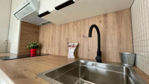 - une cuisine avec évier en acier inoxydable et comptoir dans l'établissement HOUSE TERRAZA PREMiUM 6PAX WIFI, à Sierra Nevada