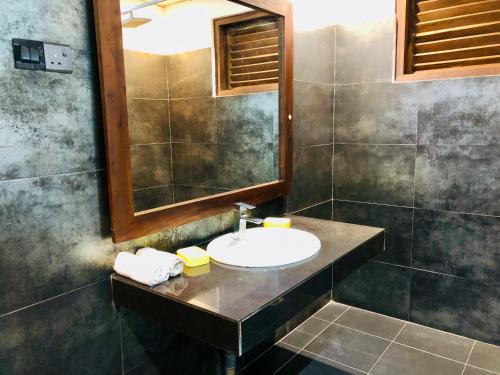 W łazience znajduje się umywalka i lustro. w obiekcie Dambulla Rock Arch w mieście Dambulla