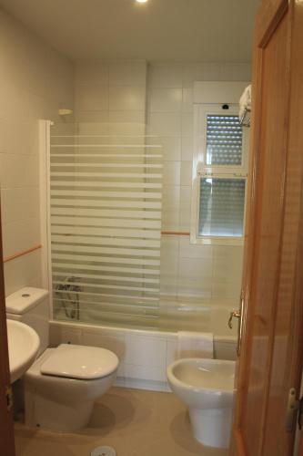 a bathroom with a toilet and a tub and a sink at AR Apartamentos Soto Del Real in Soto del Real