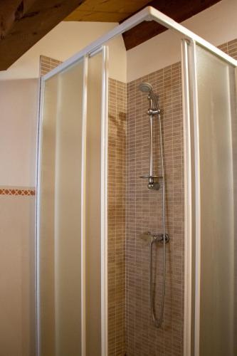 a shower with a glass door in a bathroom at Appartamento Augusta - Residenza la Madonina in Morciano di Romagna